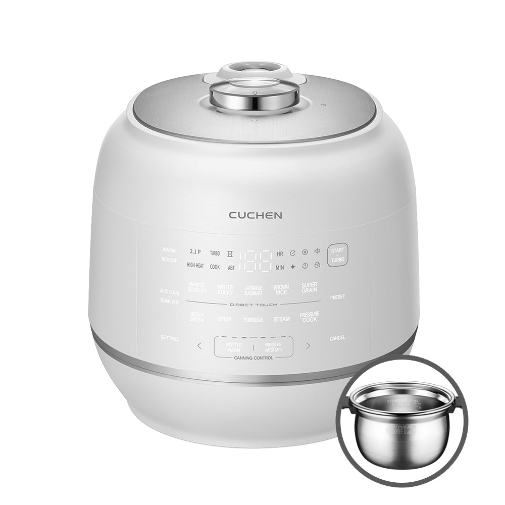White rice cooker with a smaller inset image of a separate pot, branded 'Cuchen'.