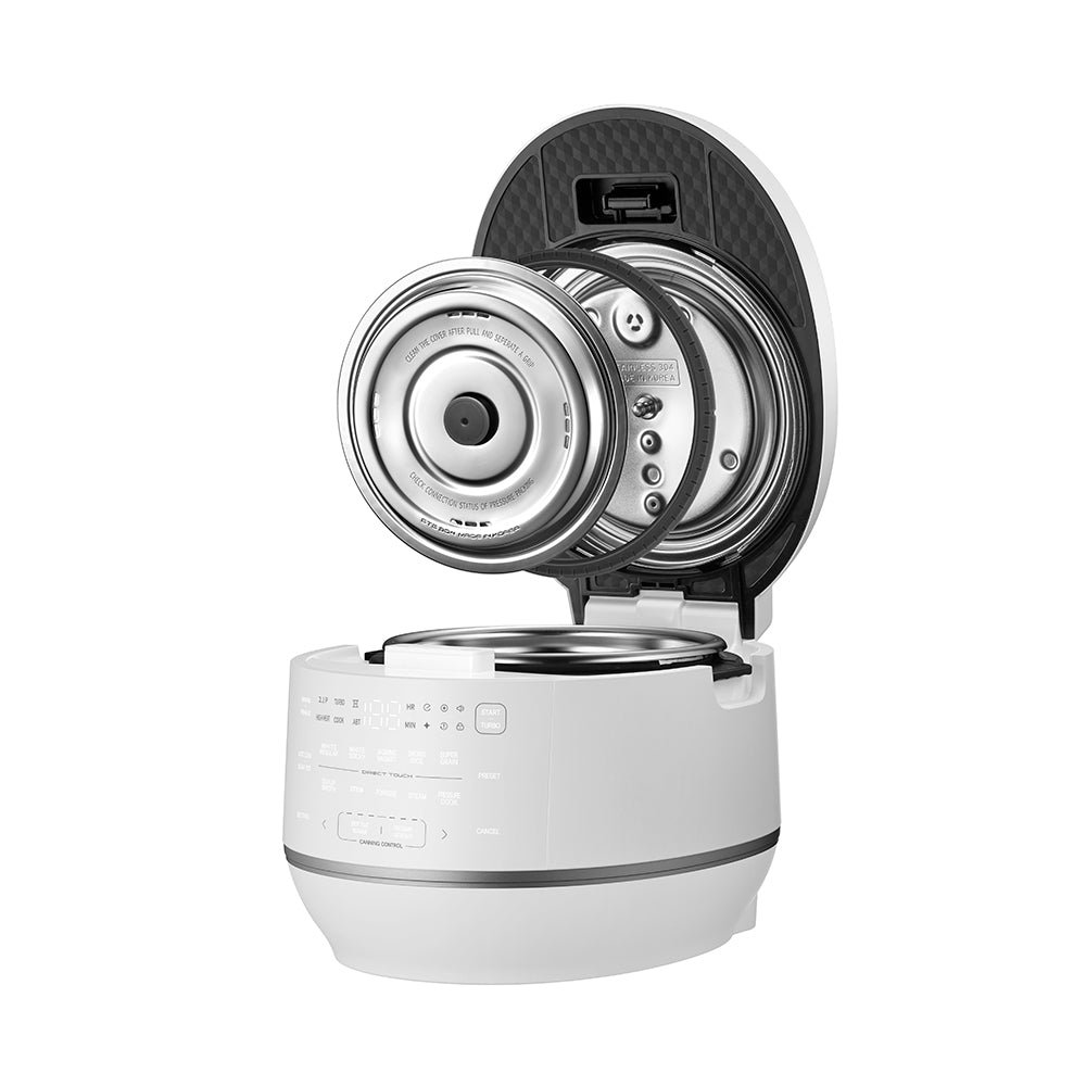 White rice cooker with open lid on a white background